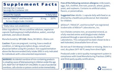 Foto 4 | Suplemento De Quelato De Bisglicinato De Hierro De Klaire Labs 30 Mg 100 Ca - Venta Internacional.