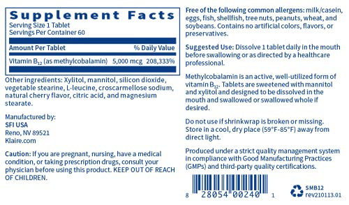 Foto 2 | Suplemento: Pastillas De Metilcobalamina De Klaire Labs, 5000 Mcg De Vitamina B12 - Venta Internacional.