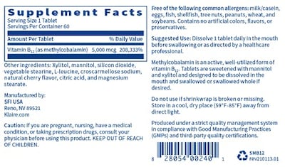 Foto 2 | Suplemento: Pastillas De Metilcobalamina De Klaire Labs, 5000 Mcg De Vitamina B12 - Venta Internacional.