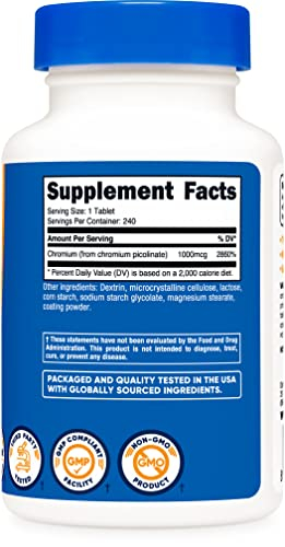 Foto 5 pulgar | Suplemento Nutricost De Picolinato De Cromo 1000 Mcg 240 Tabletas - Venta Internacional.