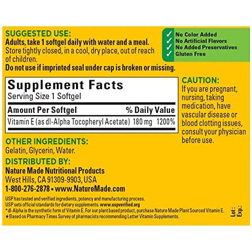 Foto 6 pulgar | Suplemento de Vitamina E Nature Made DL-Alfa 180 mg 400 Ui 180 Softgels - Venta Internacional