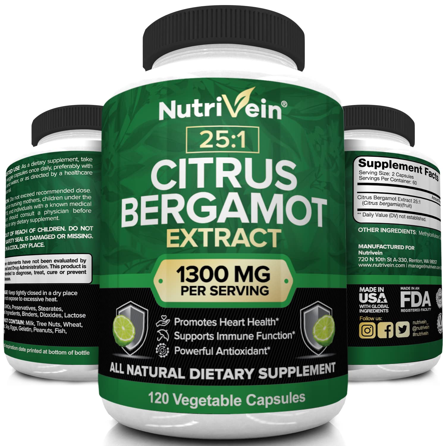 Foto 4 pulgar | Suplemento Nutrivein: Extracto De Bergamota Cítrica, 1300 Mg, Corazón - Venta Internacional.