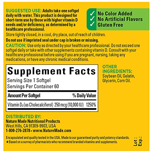 Foto 6 pulgar | Suplemento De Vitamina D3 De La Naturaleza, 10000 Ui, 60 Cápsulas Blandas - Venta Internacional.