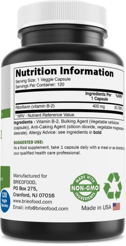 Foto 3 pulgar | Suplemento Brieofood De Vitamina B2 (riboflavina) 400 Mg 120 Cápsulas - Venta Internacional.