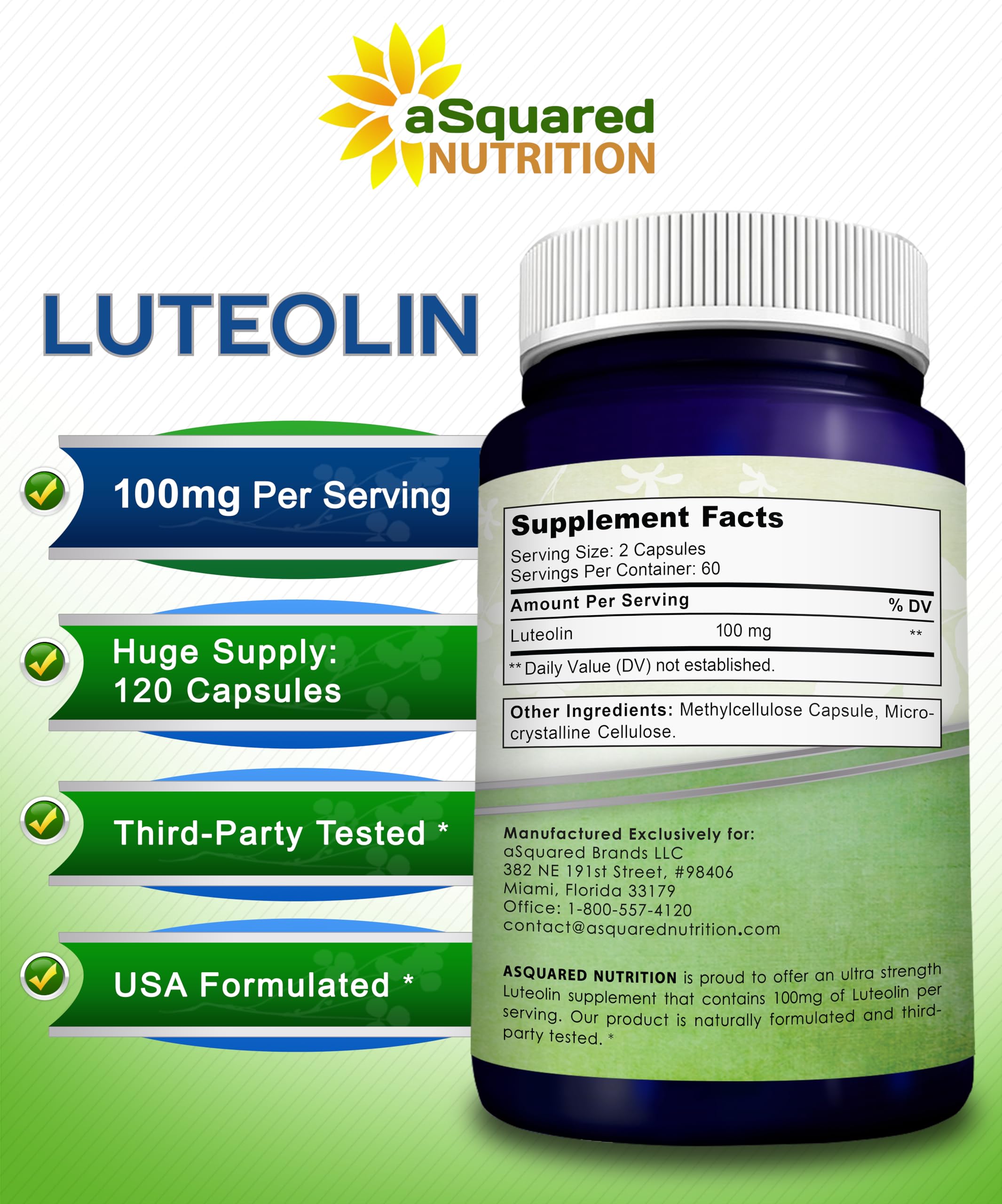 Foto 5 pulgar | Suplemento De Luteolina Asquared Nutrition 100 Mg - 120 Cápsulas - Venta Internacional.