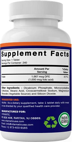 Foto 5 pulgar | Suplemento De Ácido Fólico Vitamático 1000 Mcg (1 Mg) 240 Tabletas - Venta Internacional.