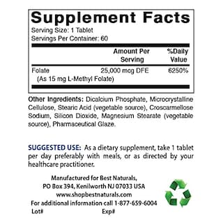 Foto 2 | Suplemento Best Naturals De Folato De Metilo, 15 Mg, 60 Comprimidos - Venta Internacional.