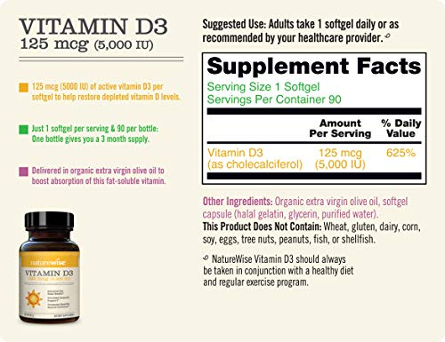 Foto 2 | Suplemento Naturewise De Vitamina D3 De 5000 Ui Con 125 Mcg, 90 Cápsulas - Venta Internacional.