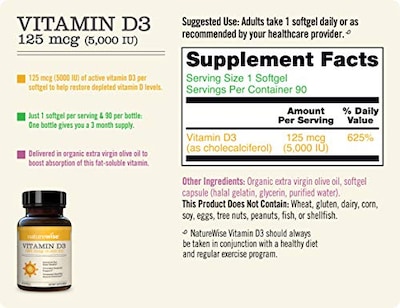 Foto 2 | Suplemento Naturewise De Vitamina D3 De 5000 Ui Con 125 Mcg, 90 Cápsulas - Venta Internacional.