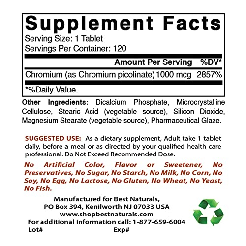 Foto 3 pulgar | Suplemento: Picolinato De Cromo Best Naturals, 1000 Mcg, 240 Tabletas - Venta Internacional.
