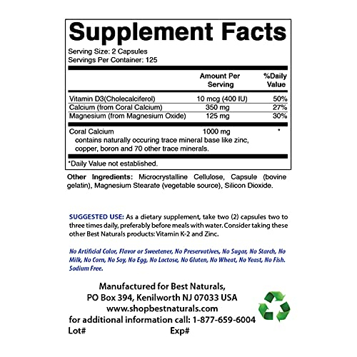 Foto 3 pulgar | Suplemento Best Naturals Coral Calcium Plus 1000 Mg 250 Cápsulas - Venta Internacional.