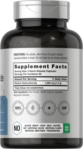 Foto 3 pulgar | Suplemento Horbaach Betaine Hcl 1200 Mg 180 Cápsulas - Venta Internacional.