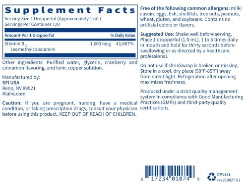 Foto 5 pulgar | Suplemento De Vitamina B12 Líquida De Klaire Labs, 1 Mg De Metilcobalami - Venta Internacional.