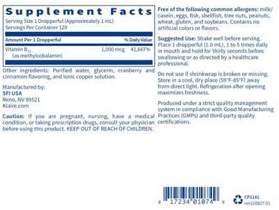 Foto 4 | Suplemento De Vitamina B12 Líquida De Klaire Labs, 1 Mg De Metilcobalami - Venta Internacional.