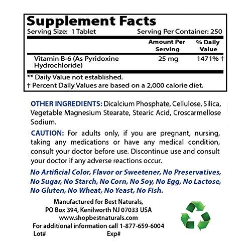 Foto 3 pulgar | Tabletas De Vitamina B-6 Best Naturals, 25 Mg, 250 Unidades - Venta Internacional.