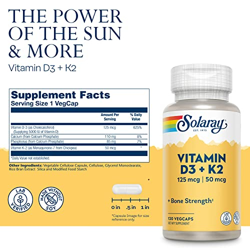 Foto 3 pulgar | Suplemento Solaray Vitamina D-3 + K-2 Absorción De Calcio 120 - Venta Internacional.