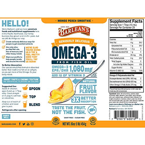 Foto 3 pulgar | Suplementos De Aceite De Pescado Barlean's Mango Peach Omega 3, 480 Ml - Venta Internacional.