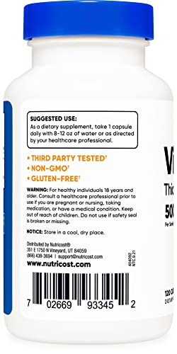 Foto 4 pulgar | Suplemento Nutricost De Vitamina B1 (tiamina) 500 Mg 120 Cápsulas - Venta Internacional.
