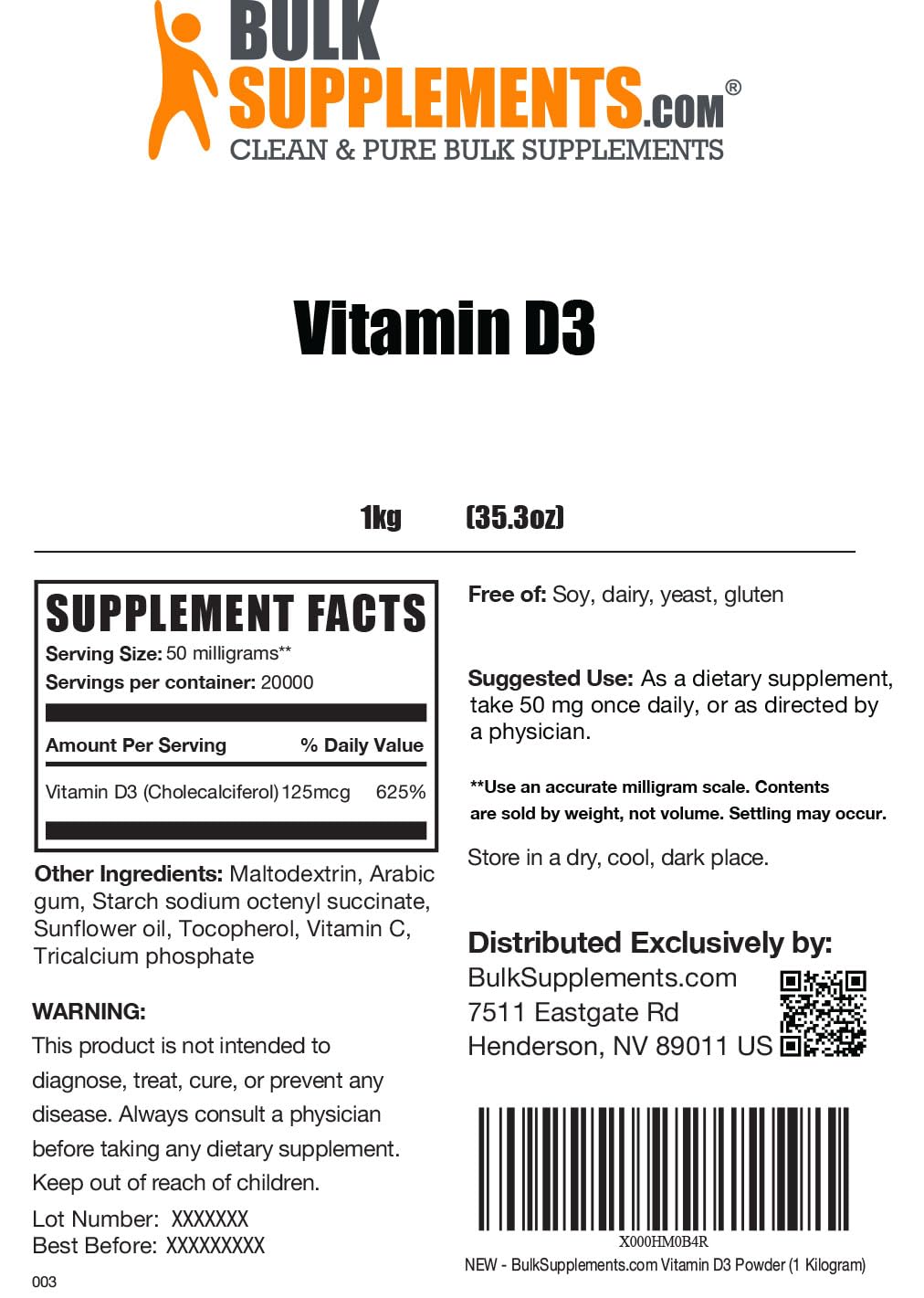 Foto 2 | Vitamina D3 En Polvo Bulksupplements.com Colecalciferol 125 Mcg - Venta Internacional.