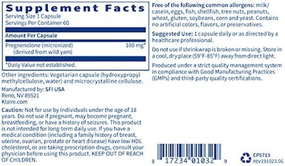 Foto 3 | Suplemento De 100 Mg De Pregnenolona De Klaire Labs Para Memoria Y Energía - Venta Internacional.