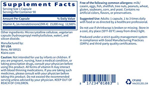 Foto 5 pulgar | Suplemento Klaire Labs Ultra K2 Mk4 15 Mg De Vitamina K2 15000 Mcg - Venta Internacional.