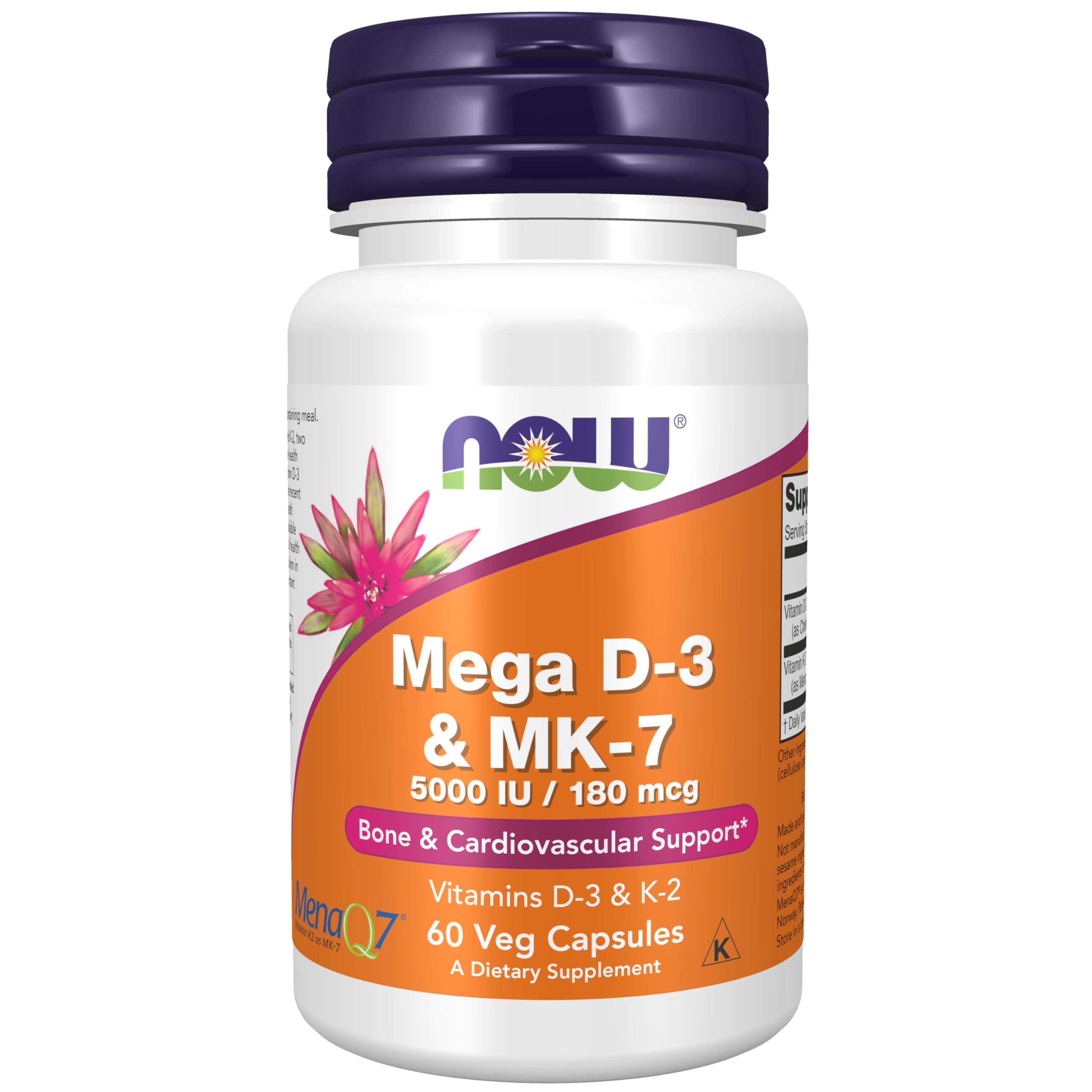Suplemento Now Mega D-3 Y Mk-7 Con Vitaminas D-3 Y K-2, 60 Cápsulas - Venta Internacional.