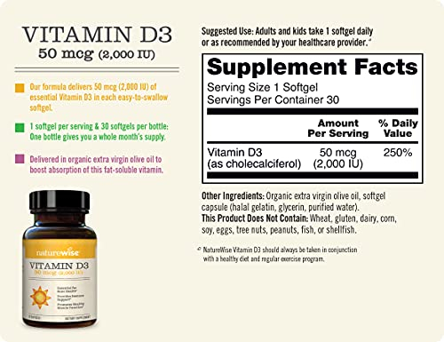Foto 3 pulgar | Suplemento Naturewise De Vitamina D3 2000 Ui (50 Mcg) 30 Cápsulas Blandas - Venta Internacional.