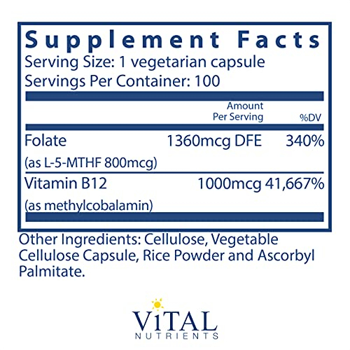 Foto 3 pulgar | Suplemento Vital Nutrients Con Vitamina B12/folato De Metilo, 100 Cápsulas - Venta Internacional.