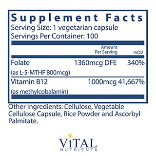 Foto 2 | Suplemento Vital Nutrients Con Vitamina B12/folato De Metilo, 100 Cápsulas - Venta Internacional.