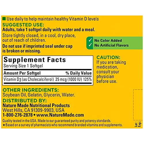 Foto 2 | Suplemento Nature Made De Vitamina D3 1000 Ui 300 Cápsulas Blandas - Venta Internacional.