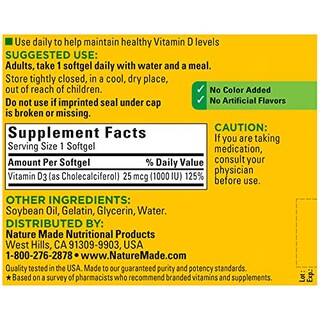 Foto 2 | Suplemento Nature Made De Vitamina D3 1000 Ui 300 Cápsulas Blandas - Venta Internacional.