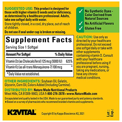 Foto 5 | Suplemento Nature Made De Vitamina D3 K2, 5000 Ui, 30 Cápsulas Blandas - Venta Internacional.