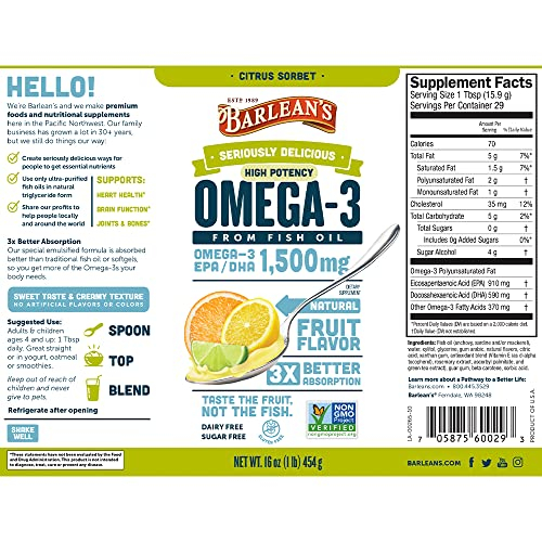 Foto 3 pulgar | Complementa El Sorbete De Cítricos Barlean's De Alta Potencia Con Omega 3 Y Pescado - Venta Internacional.