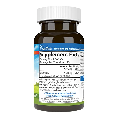 Foto 3 pulgar | Suplemento Carlson De Vitamina D3 2000 Ui (50 Mcg) 120 Cápsulas Blandas - Venta Internacional.
