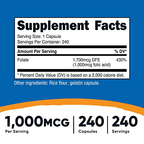 Foto 3 pulgar | Suplemento Nutricost De Ácido Fólico (vitamina B9) 1000 Mcg 240 Cápsulas - Venta Internacional.