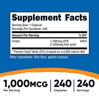 Foto 2 | Suplemento Nutricost De Ácido Fólico (vitamina B9) 1000 Mcg 240 Cápsulas - Venta Internacional.