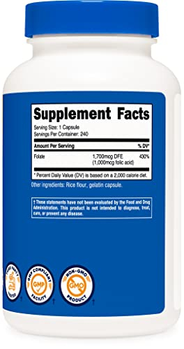 Foto 5 pulgar | Suplemento Nutricost De Ácido Fólico (vitamina B9) 1000 Mcg 240 Cápsulas - Venta Internacional.