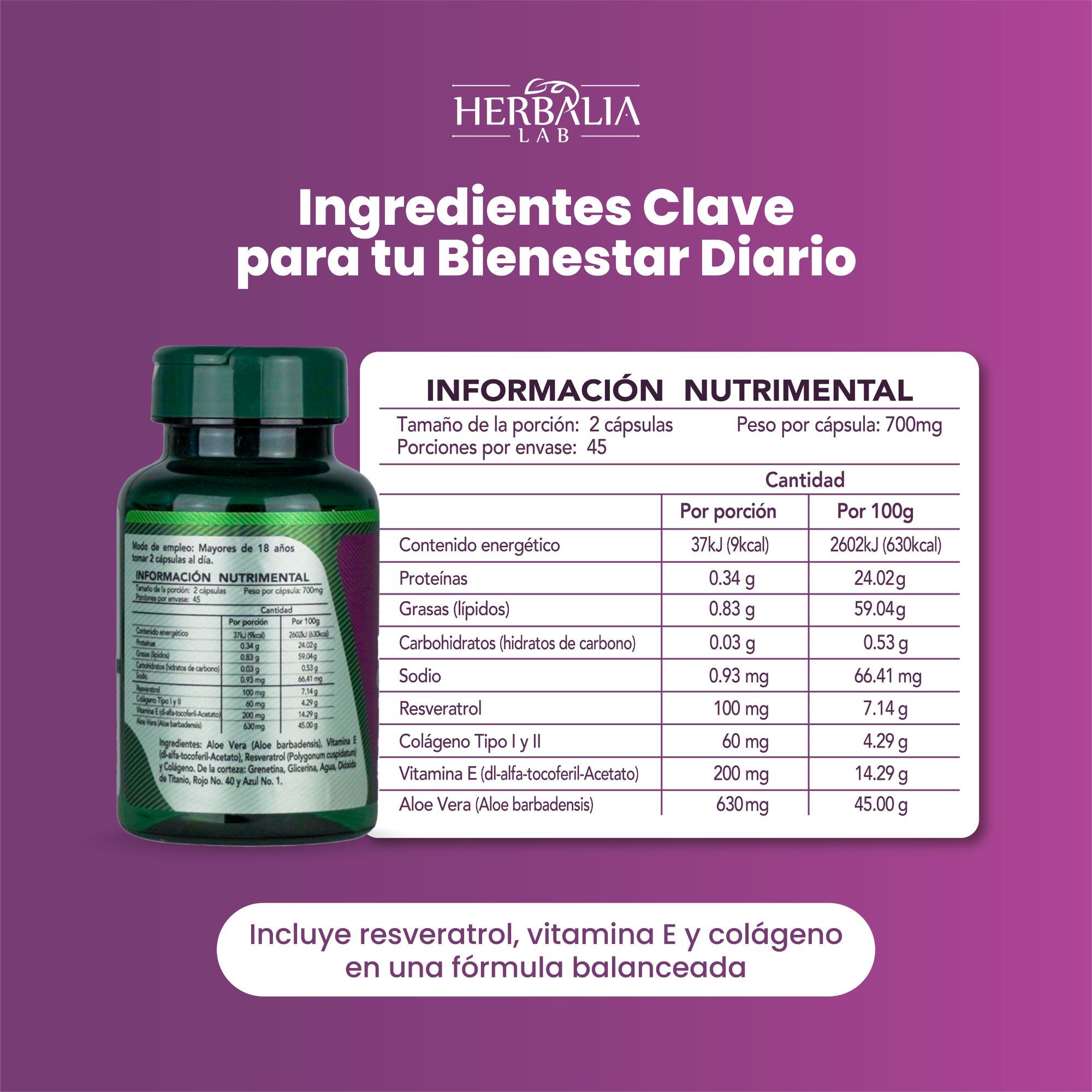 Foto 6 pulgar | Suplemento Alimenticio Herbalia Lab Resveratrol 500mg con Vitamina E y Colágeno Antioxidante Superior para Salud y Piel