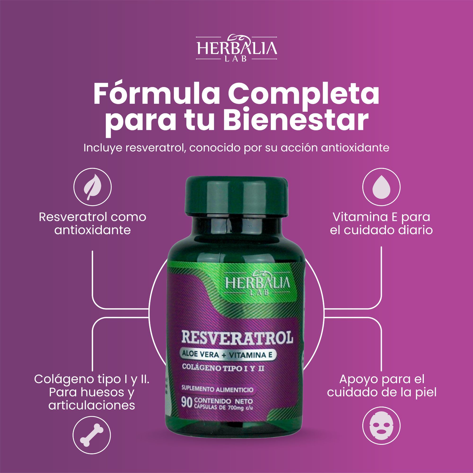 Foto 9 pulgar | Suplemento Alimenticio Herbalia Lab Resveratrol 500mg con Vitamina E y Colágeno Antioxidante Superior para Salud y Piel