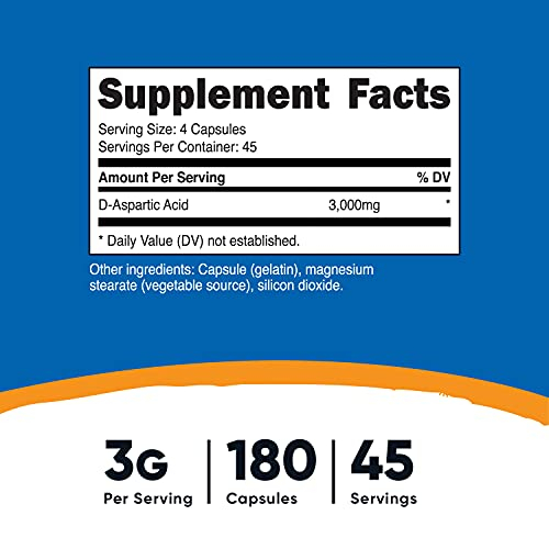 Foto 3 pulgar | Suplemento Nutricost de Ácido D-Aspártico 3000 mg 180 Cápsulas - Venta Internacional