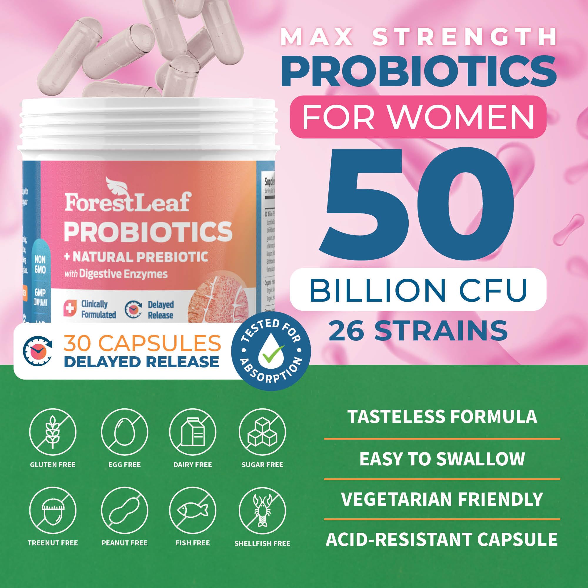 Foto 3 pulgar | Suplemento Probiótico Forestleaf Para Mujer, 50 Mil Millones De Cfu, 30 Cápsulas - Venta Internacional.