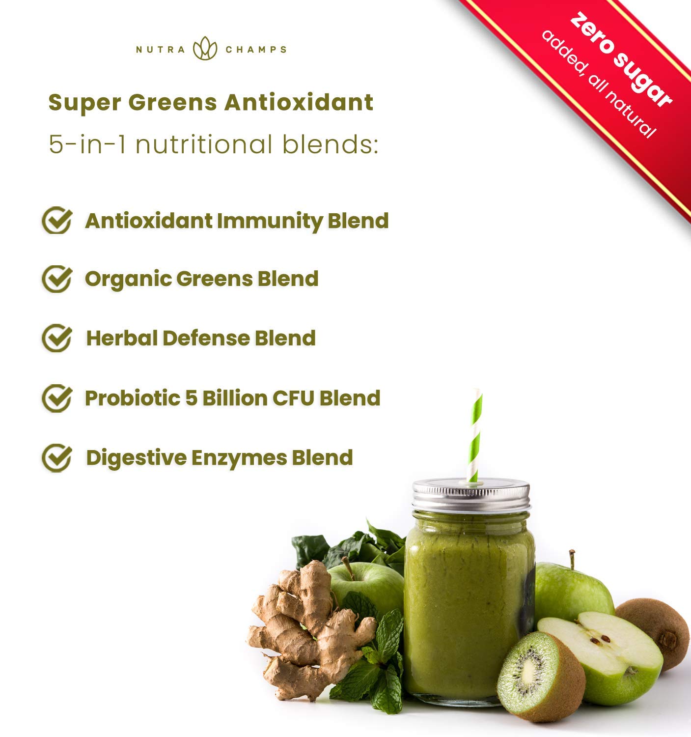 Foto 4 pulgar | Super Greens Powder Nutrachamps Antioxidante Premium 40+ Supe - Venta Internacional