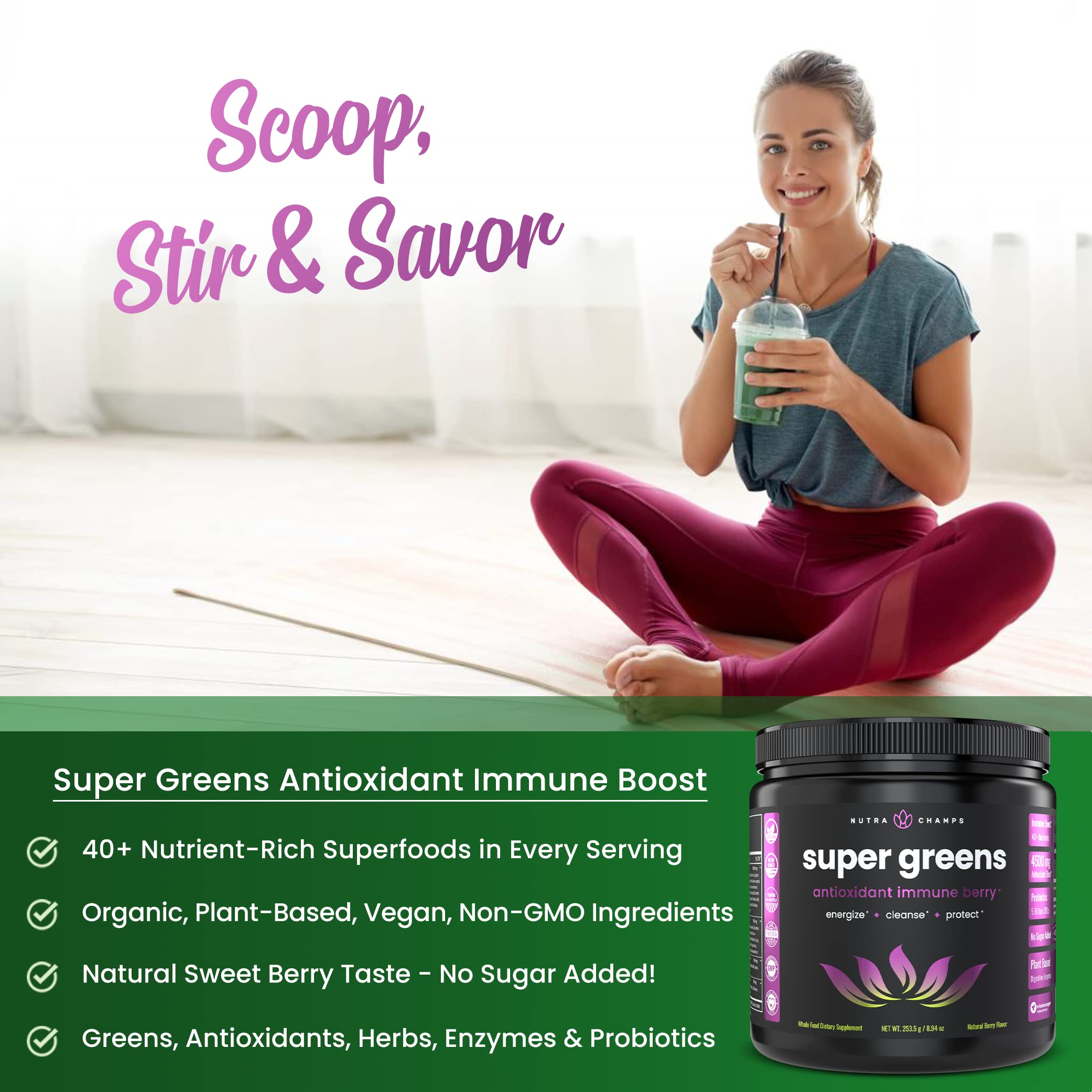 Foto 6 pulgar | Super Greens Powder Nutrachamps Antioxidante Premium 40+ Supe - Venta Internacional