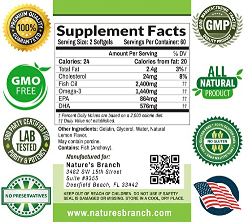 Foto 8 pulgar | Suplemento de Aceite de Pescado Omega 3 Nature's Branch 2400 mg 120 Cápsulas - Venta Internacional