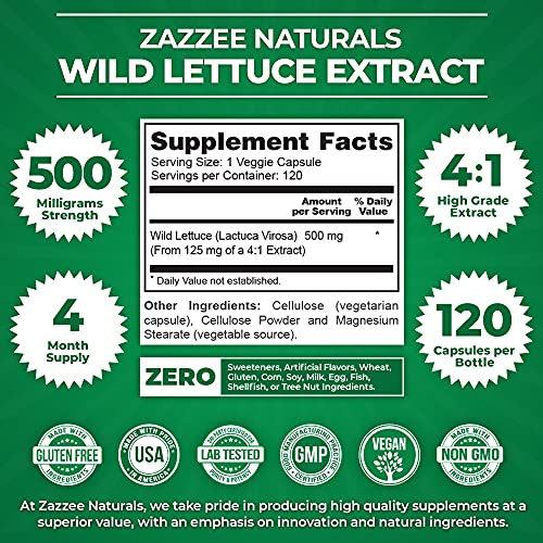 Foto 2 | Suplemento De Extracto De Lechuga Silvestre De Zazzee, 500 Mg, 120 Cápsulas Veganas - Venta Internacional.
