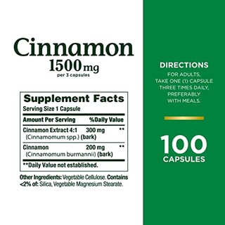 Foto 4 | Suplemento Nature's Bounty Cinnamon 1500 Mg Cápsulas 100 Unidades - Venta Internacional