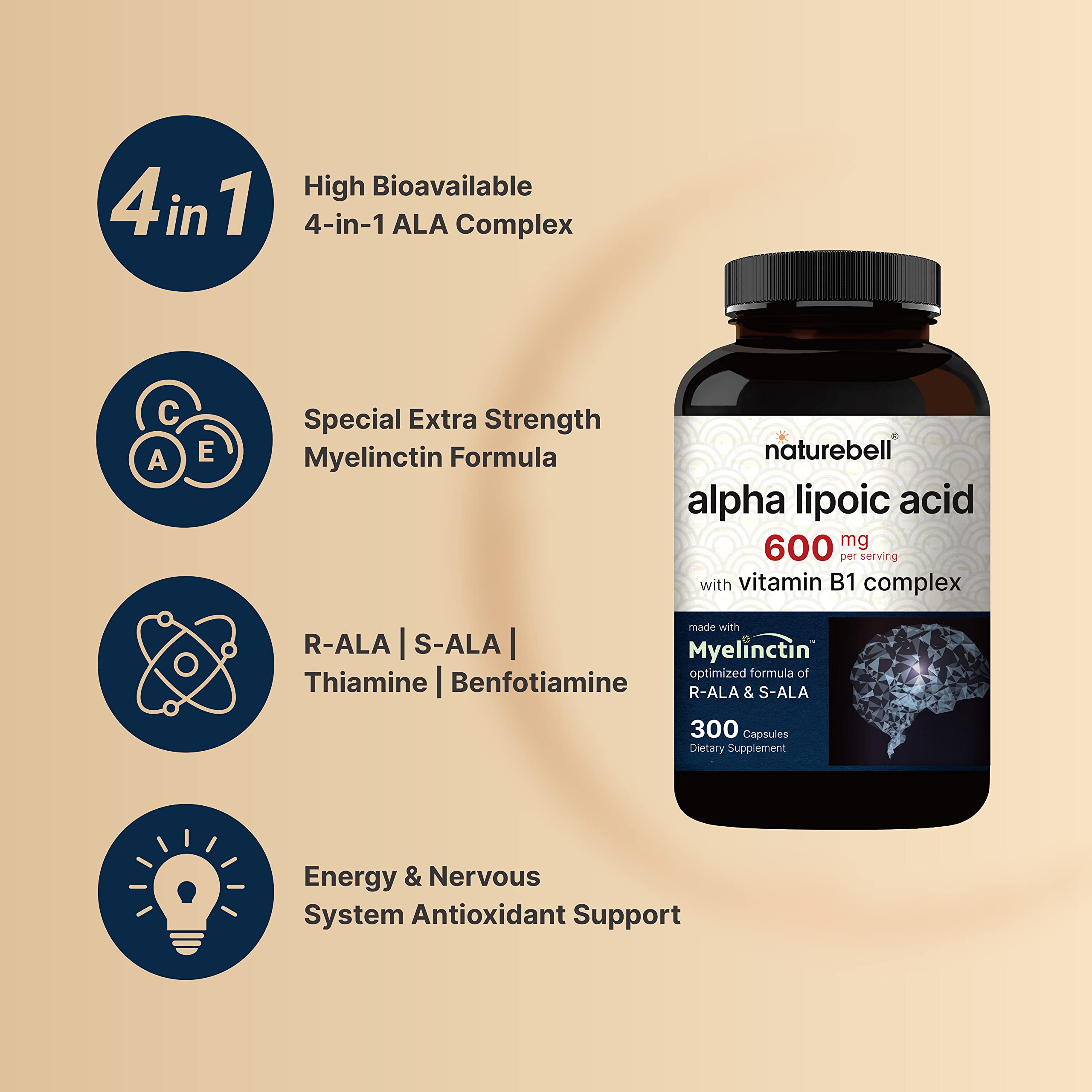 Foto 5 pulgar | Suplemento De Ácido Alfa Lipoico Naturebell 600 Mg 300 Cápsulas - Venta Internacional.