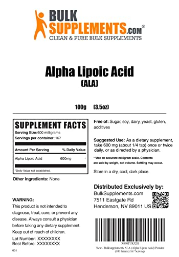 Foto 3 pulgar | Suplemento Bulksupplements.com Ácido Alfa Lipoico En Polvo 100 G - Venta Internacional.
