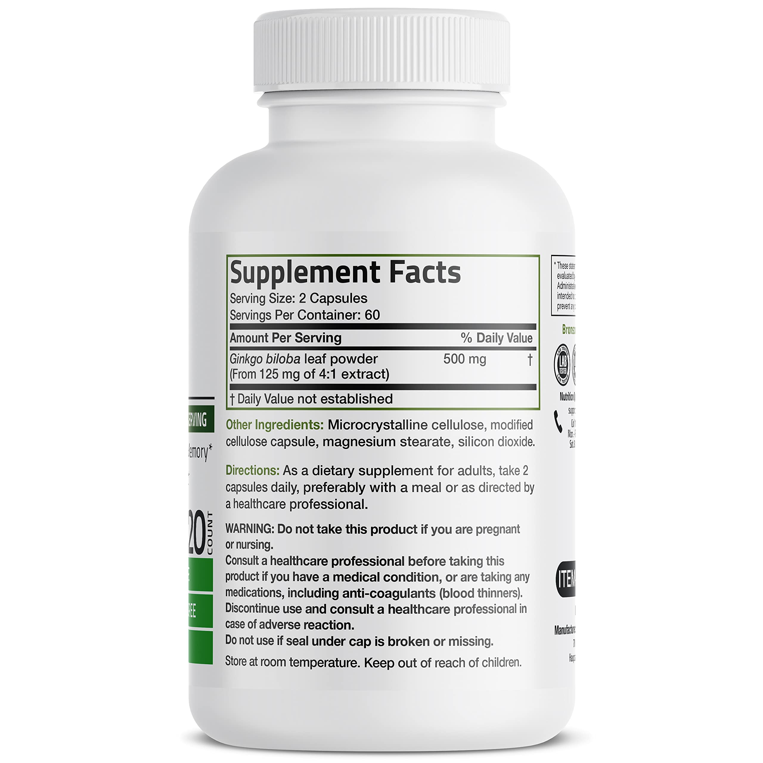 Foto 3 pulgar | Suplemento Bronson Ginkgo Biloba, 500 Mg, Extra Fuerte - Venta Internacional.