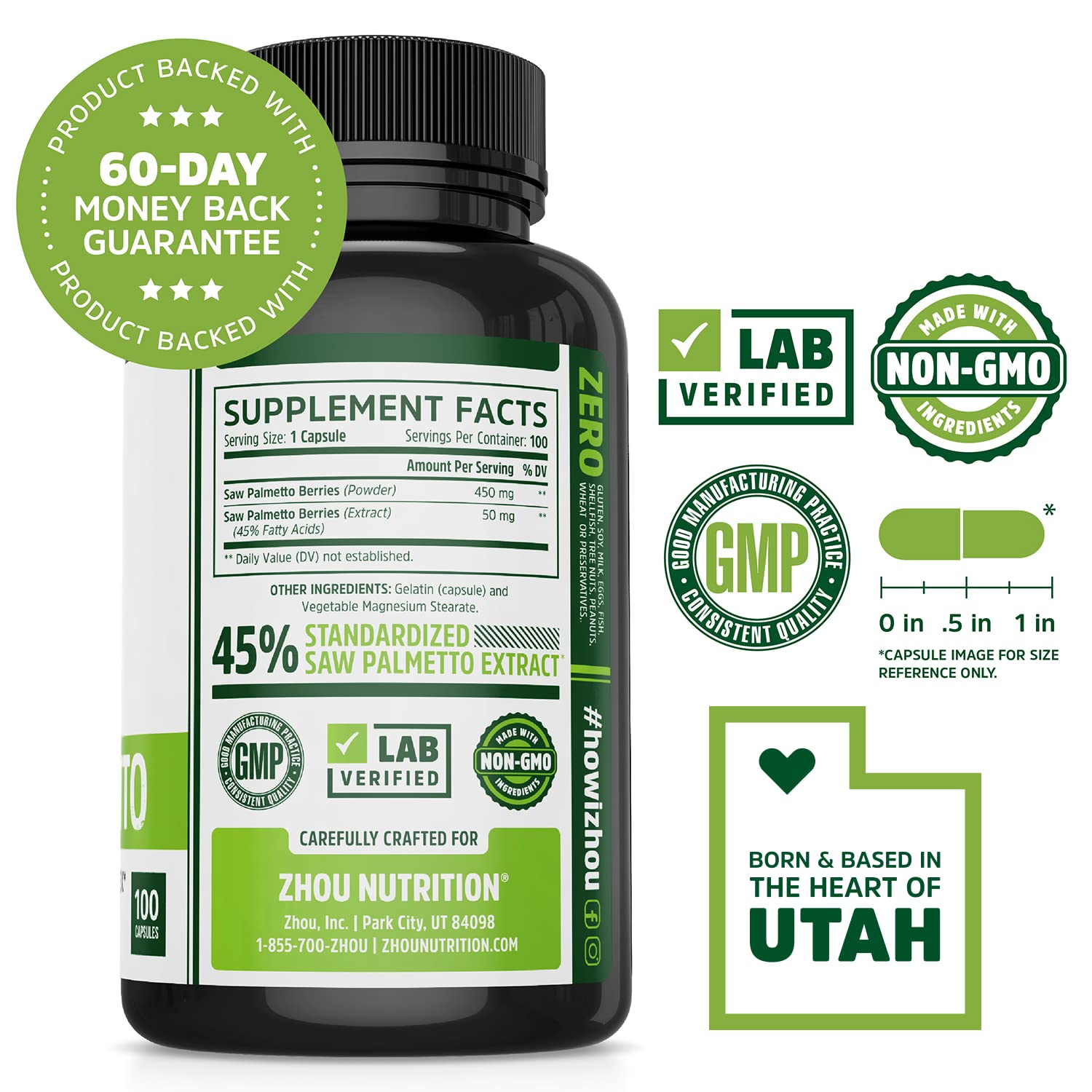 Foto 3 pulgar | Suplemento De Extracto De Palma Enana Americana De Zhou Nutrition, 500 Mg, 100 Cápsulas - Venta Internacional.